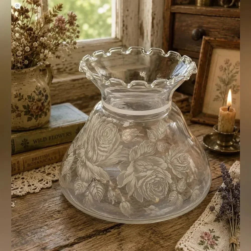 VINTAGE Elegant *GWTW* Glass Hurricane Shade with White Floral Design